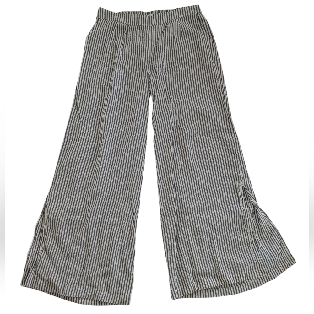 Crown & Ivy Pants Gray White Striped Cotton Blend Wide Leg Flowy
